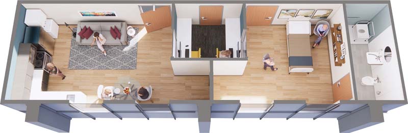 an overhead shot of the apartment-like Nursing Simulation Lab